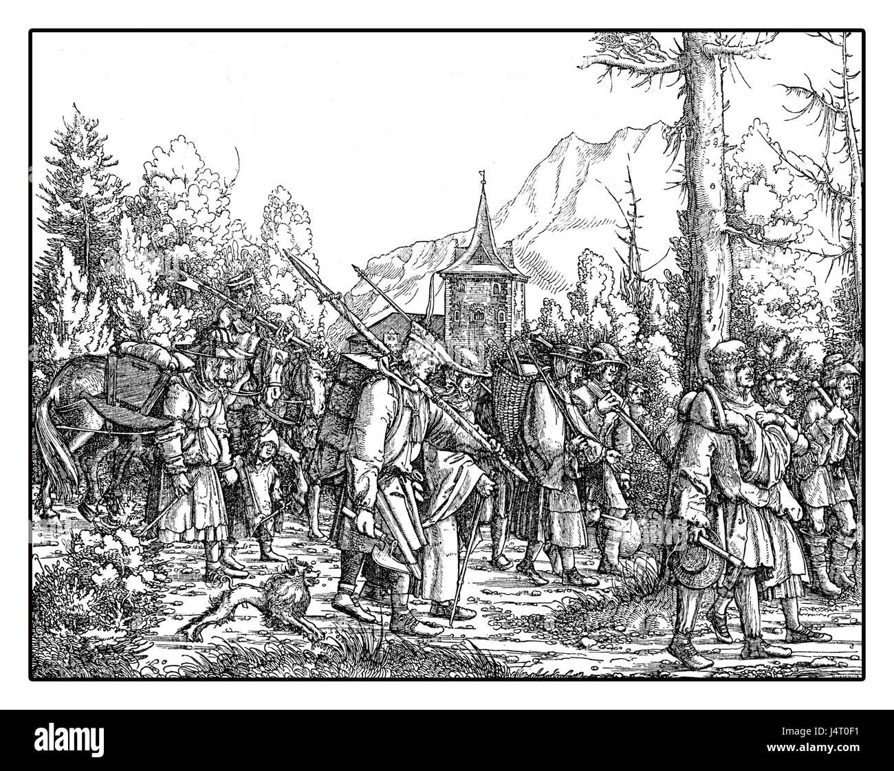 Truppen mit Gepäck zu Fuß in einer Prozession von Hans Burgkmairs Triumph von Maximilian ich, monumentale Holzschnitt Drucke von vielen Künstlern des XVI. Jahrhunderts Stockfoto