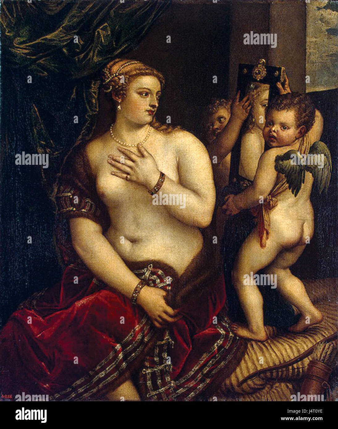Dieses Gemälde ist eine Kopie eines Werkes des venezianischen Renaissance-Meisters Tizian, das seinen unverwechselbaren Stil und seine Beherrschung von Farbe und Komposition widerspiegelt, oft von Anhängern und Künstlern verwendet, die von seinem Werk beeinflusst wurden. Stockfoto