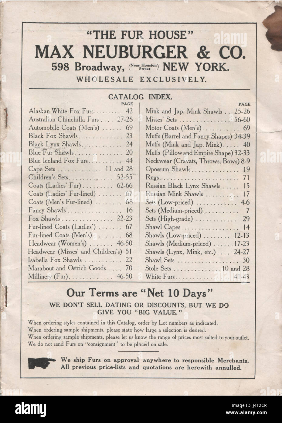 „The Fur House“ Max Neuburger & Co. War 1910 ein bekanntes New Yorker Furrier-Unternehmen. Diese Referenz zeigt den Standort und die Saison des Unternehmens und bietet Einblicke in Mode und Geschäftspraktiken des frühen 20. Jahrhunderts in New York. Stockfoto