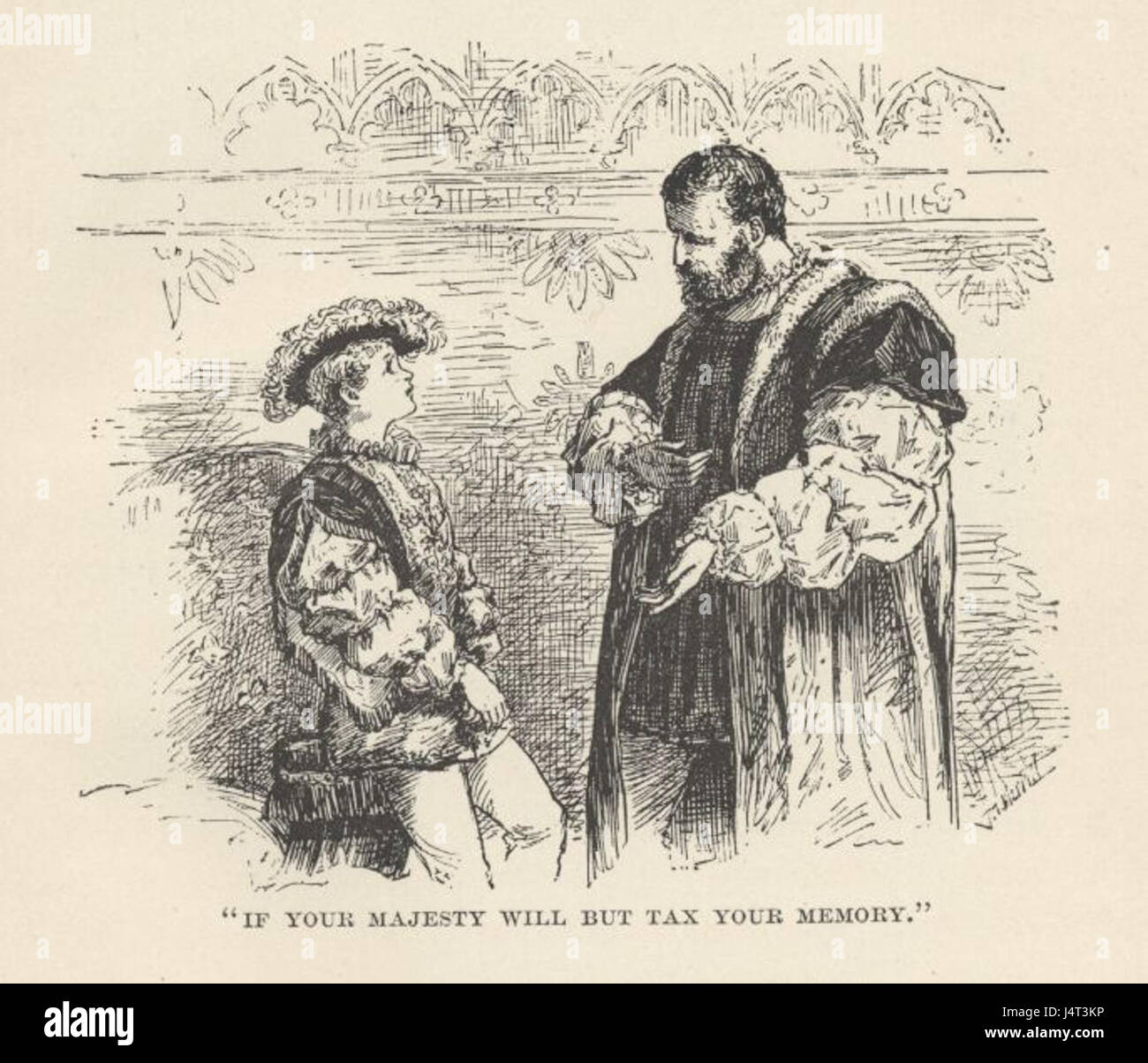 Dies bezieht sich auf eine Illustration oder Szene aus Mark Twains Roman *der Prinz und der Pauper*. Der Titel verweist auf ein spezifisches Kapitel oder eine Illustration aus der 14. Seite des Buches, das im England des 16. Jahrhunderts spielt. Stockfoto