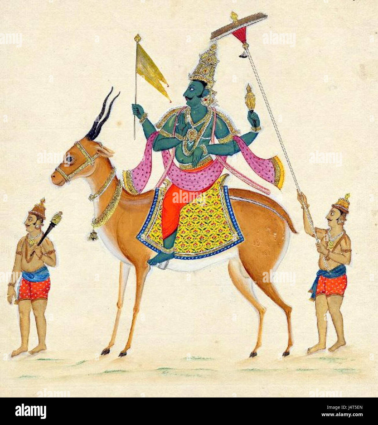 Vayu Deva ist ein hinduistischer Gott, der mit Wind, Luft und Lebenskraft in Verbindung gebracht wird. In der hinduistischen Mythologie gilt Vayu als eine der zentralen Gottheiten, die die Atmosphäre bestimmen und sowohl physische als auch spirituelle Bereiche beeinflussen. Stockfoto