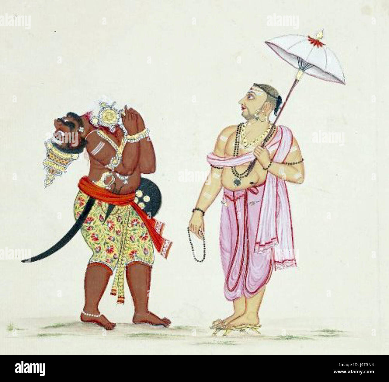 Vamana ist eine Figur aus der hinduistischen Mythologie, die oft als Zwergavatar des Gottes Vishnu dargestellt wird. In dieser Szene wird Vamana gezeigt, wie er mit einem Dämon interagiert, Teil eines bedeutenden mythologischen Ereignisses. Stockfoto