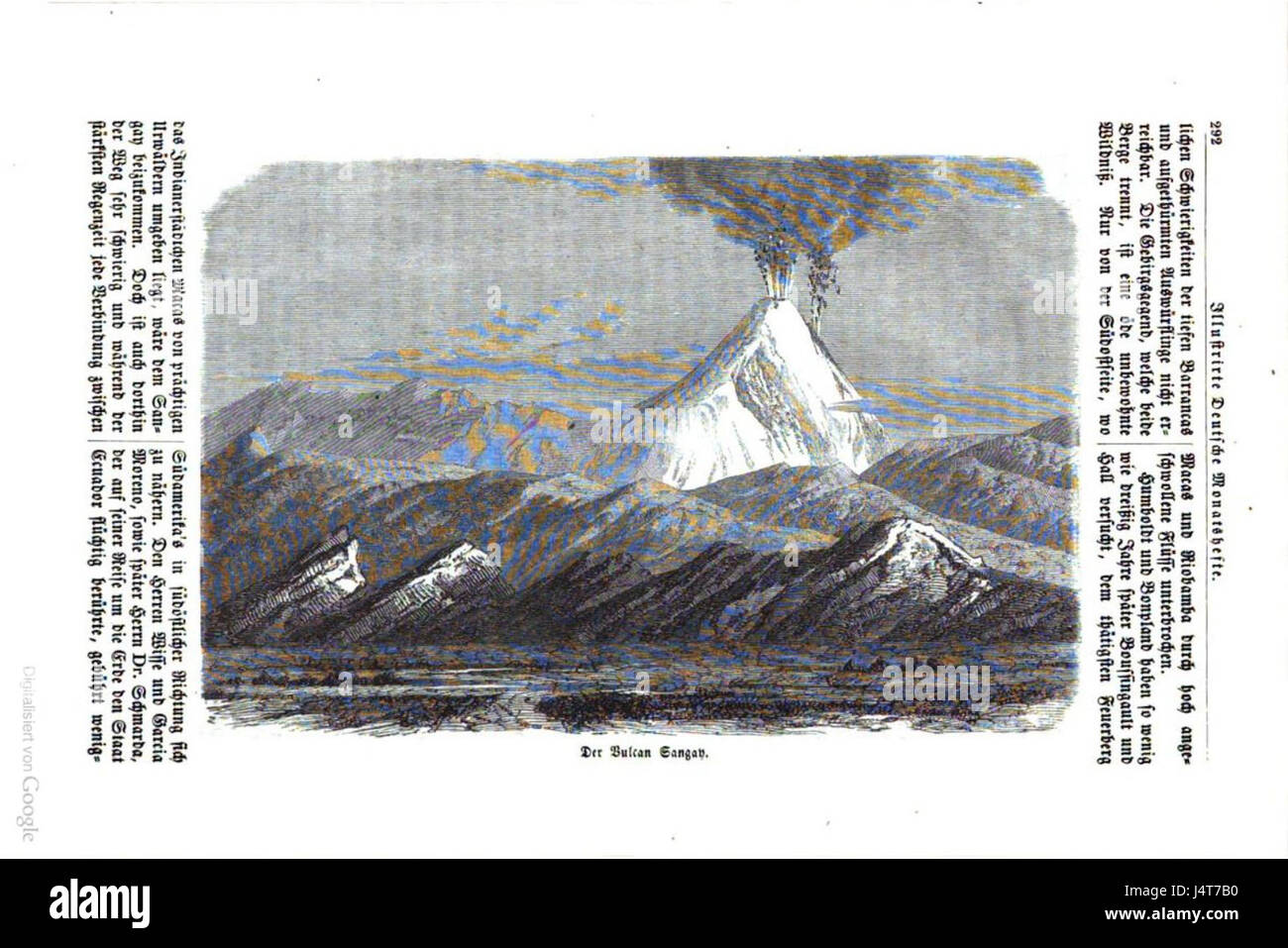 Vulkan Sangay ist ein aktiver Stratovulkan in der Cordillera Real in Ecuador. Er ist bekannt für seine häufigen Eruptionen und spielt eine wichtige Rolle in der geologischen Landschaft der Region. Seine Eruptionen sind Teil der größeren vulkanischen Aktivität des Vulkangürtels der Anden. Stockfoto
