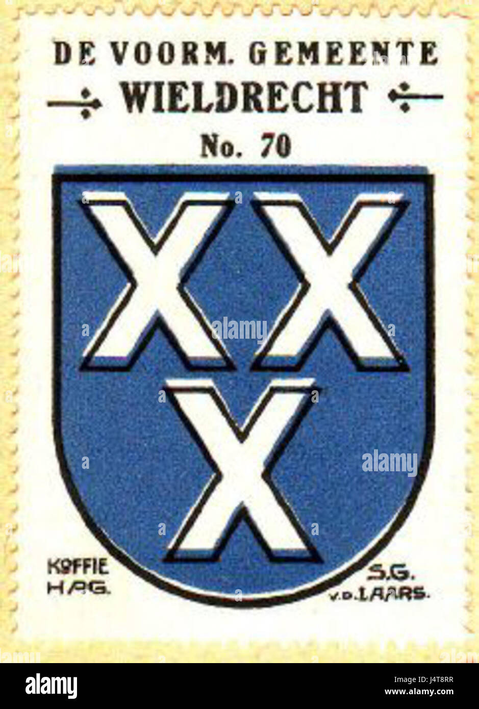 Ein Bild des Wappens für Wieldrecht, ein Dorf in den Niederlanden. Das heraldische Design zeigt Symbole, die die Geschichte und lokale Identität des Dorfes repräsentieren. Stockfoto