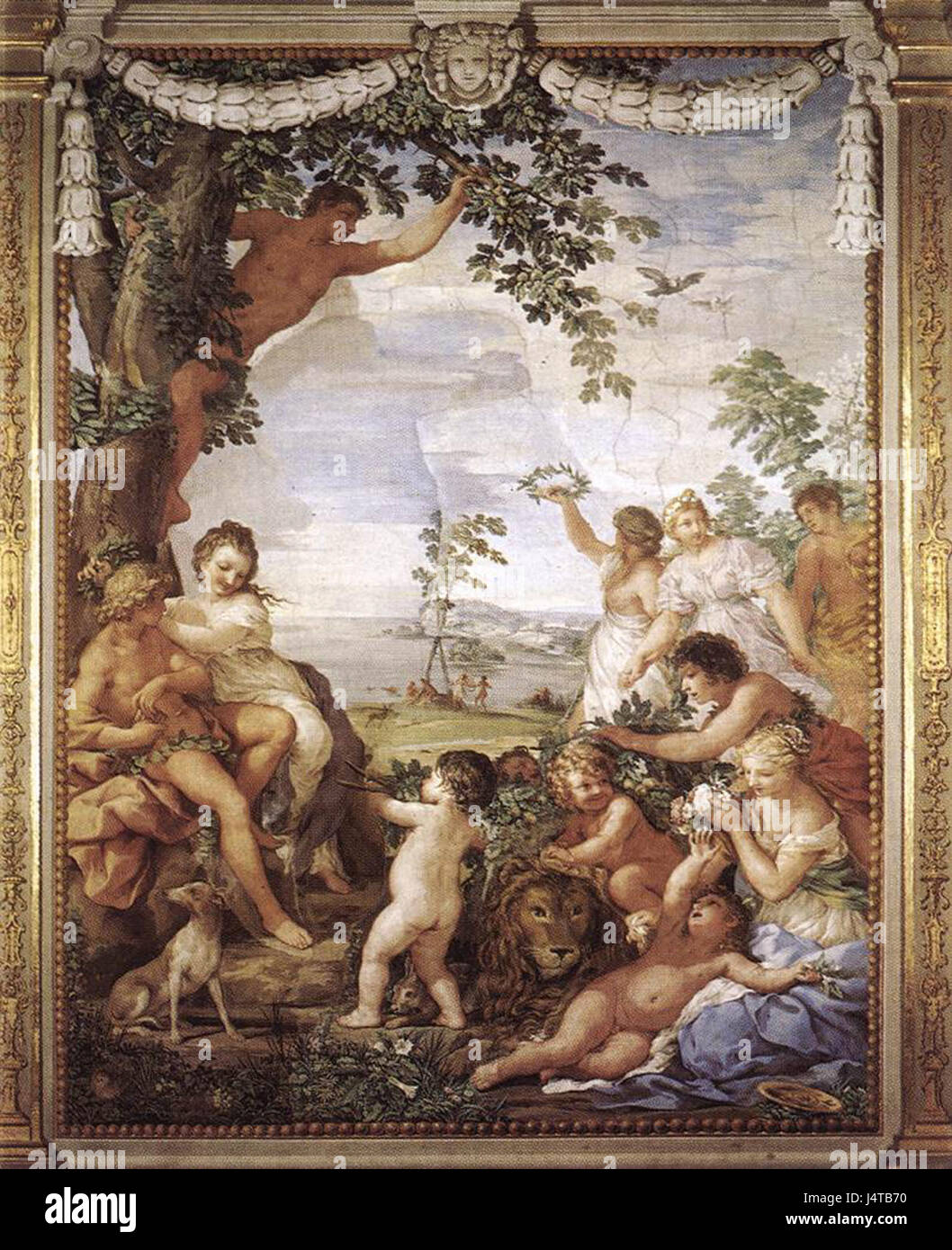 „Das Goldene Zeitalter“ ist ein Fresko von Pietro da Cortona, das ein mythologisches Thema illustriert, das die Pracht und idealisierte Vision der klassischen Welt mit Göttern, Göttinnen und allegorischen Figuren betont. Stockfoto