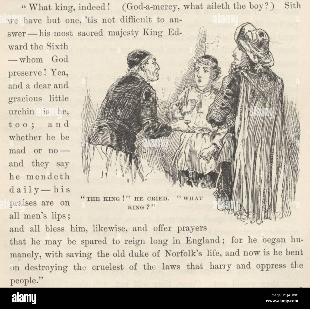 Dies ist eine Illustration aus „der Prinz und der Pauper“, einem Roman von Mark Twain, der die beiden Hauptfiguren zeigt. Die Geschichte beschäftigt sich mit Themen wie Klasse, Identität und soziale Ungleichheit im England des 16. Jahrhunderts. Stockfoto