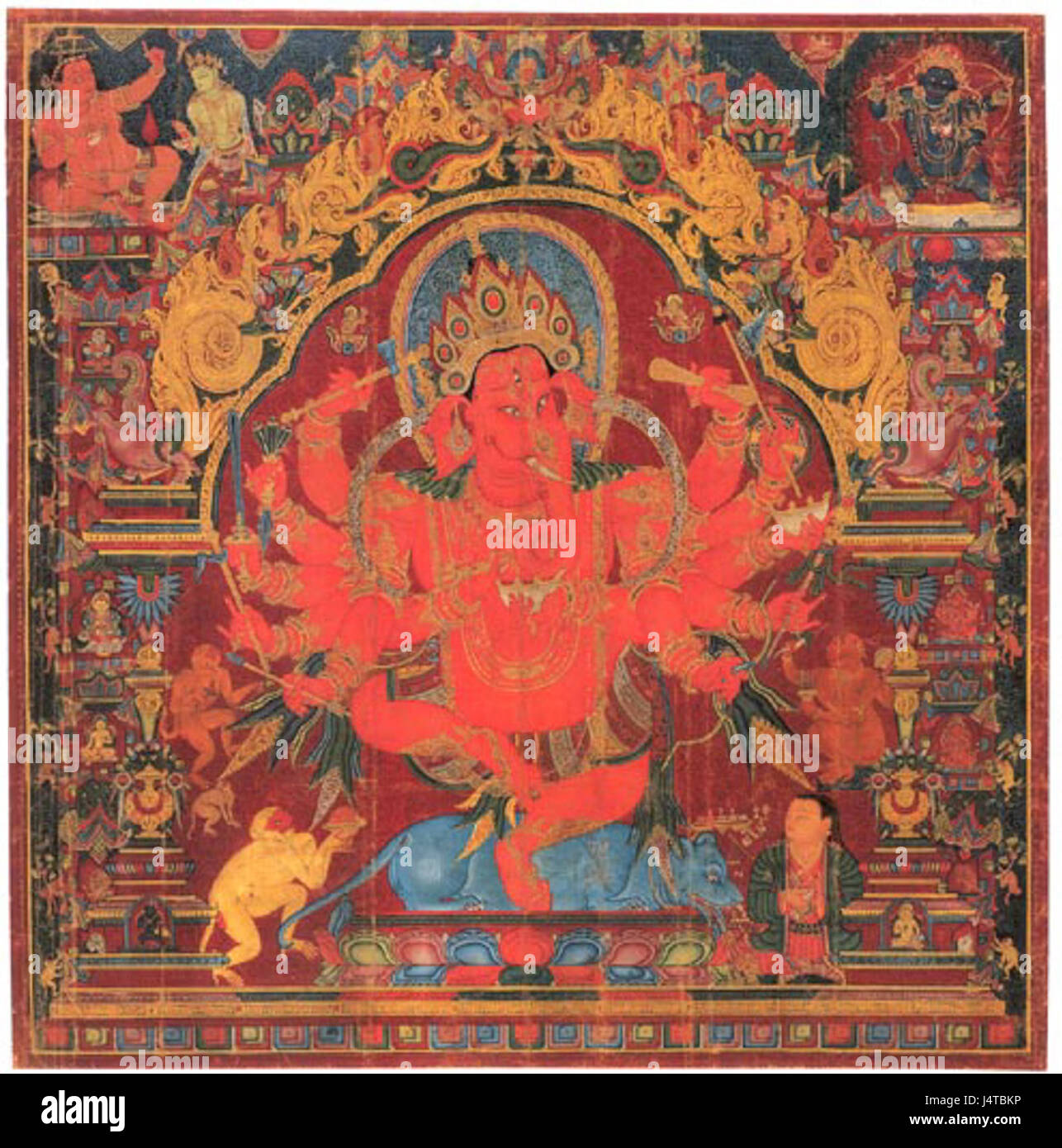 Der tibetische Ganpati bezieht sich auf die Darstellung der hinduistischen Gottheit Lord Ganesha in der tibetischen Kultur. Diese Darstellung ist im tibetischen Buddhismus von Bedeutung, wo Ganesha für seine Weisheit und seine Rolle bei der Beseitigung von Hindernissen geehrt wird. Stockfoto