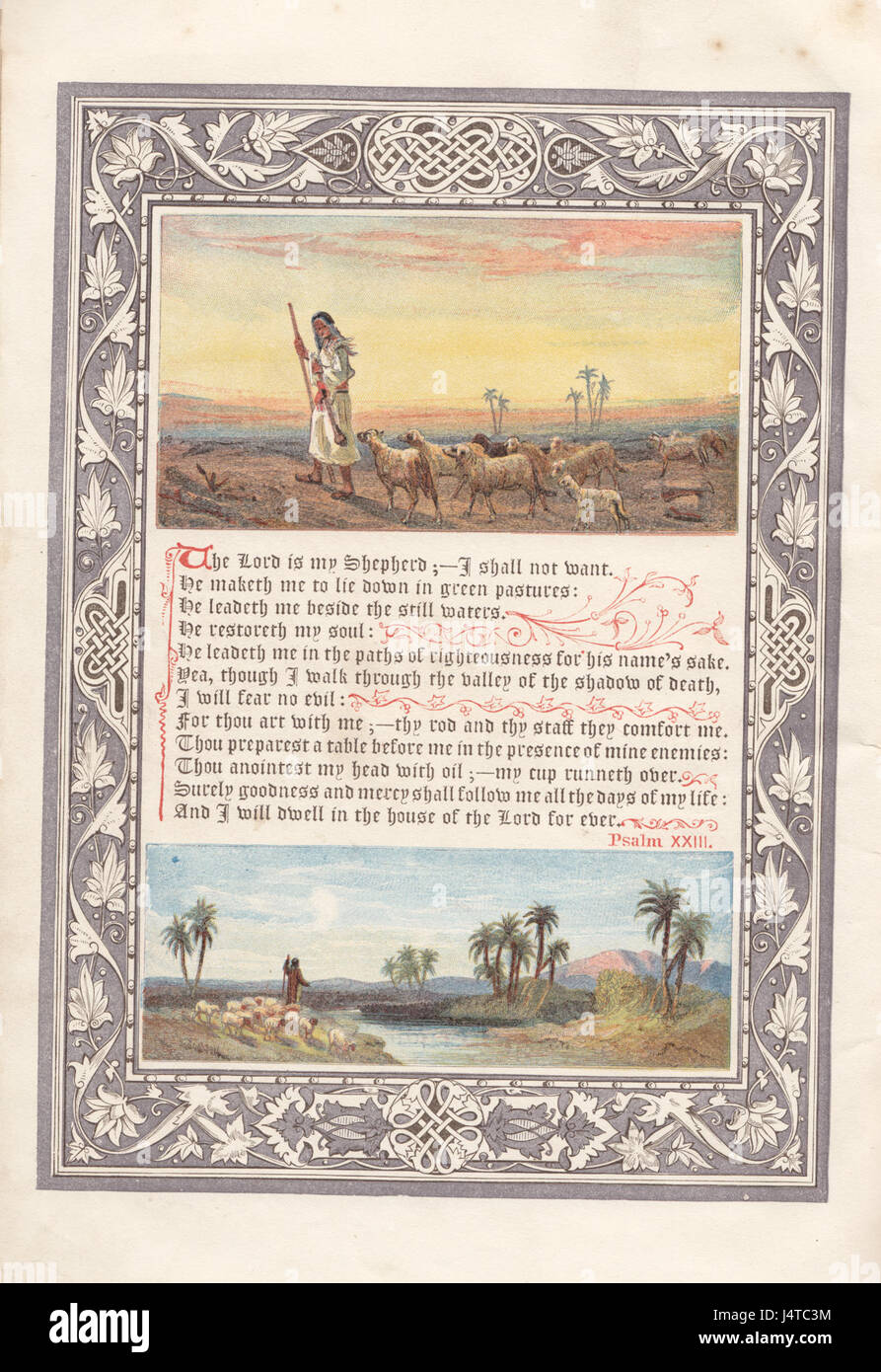 Dieser Scan von „der Sonntag zu Hause“ aus dem Jahr 1880 zeigt Psalm 23, eine biblische Passage, die Glauben, Trost und Führung widerspiegelt. Die Illustration ergänzt die spirituellen Themen des Psalms, der in christlichen Häusern beliebt ist. Stockfoto