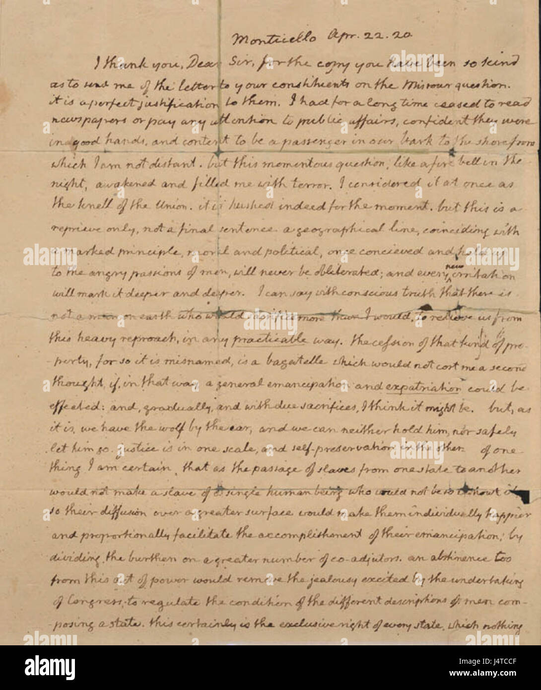 Ein Brief von Thomas Jefferson an John Holmes am 22. April 1820, in dem er politische Fragen der damaligen Zeit, einschließlich Fragen bezüglich des Missouri-Kompromisses und der Expansion der Vereinigten Staaten, erörterte. Stockfoto