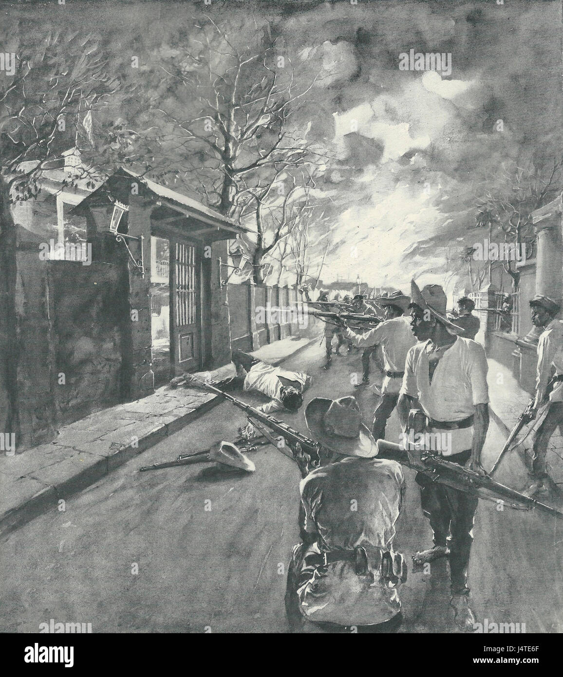 Aufständischen Angriff auf die Kaserne der Firma C, dreizehnte Minnesota Freiwilligen während der Tondo Feuer - Philippine - amerikanischen Krieg 1899 Stockfoto