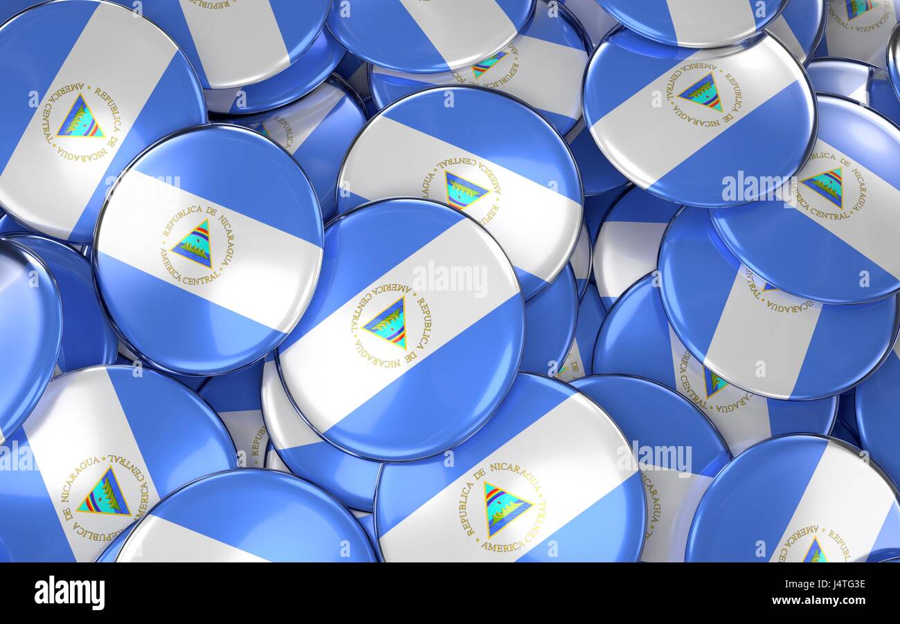 Nicaragua Abzeichen Hintergrund - Haufen von Nicaragua Flagge Buttons. 3D Rendering Stockfoto