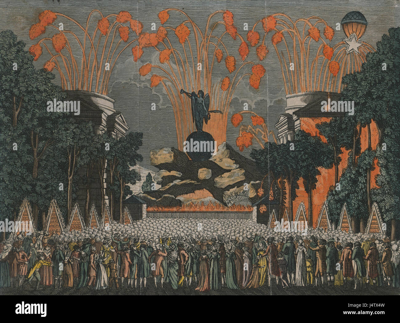 Dieser französische Stich mit dem Titel „Vue brillante de l'anniversaire du 14 juillet 1801“ zeigt die Feierlichkeiten des Bastille-Tages im Jahr 1801 und zeigt den patriotischen Geist und den Nationalstolz im postrevolutionären Frankreich. Stockfoto