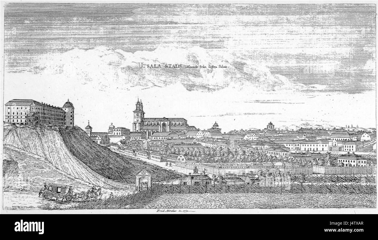 Uppsala-Ansicht von Süden 1770 aus Busser, Om Upsala Stad etc. Stockfoto