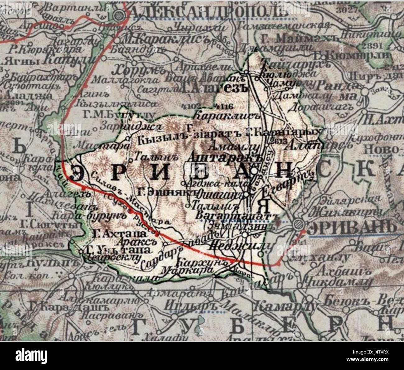 Die Uyezd von Echmiadzin war eine Verwaltungseinheit im Russischen Reich, die sich in der Region des heutigen Armeniens befand. Echmiadzin war historisch bedeutsam als Zentrum der Armenisch-Apostolischen Kirche. Stockfoto