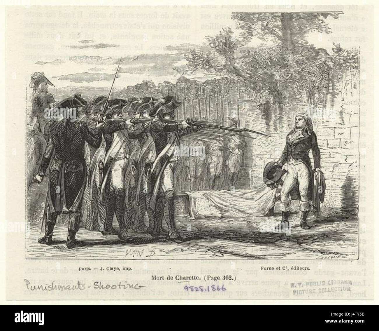 Der Tod von Jean Charette, einer prominenten Persönlichkeit in der Region Vendee während der Französischen Revolution, markierte das Ende eines bedeutenden Kapitels im Krieg in VendÃ Charette führte royalistische Kräfte an und war eine Schlüsselfigur in den konterrevolutionären Bewegungen dieser Zeit. Stockfoto