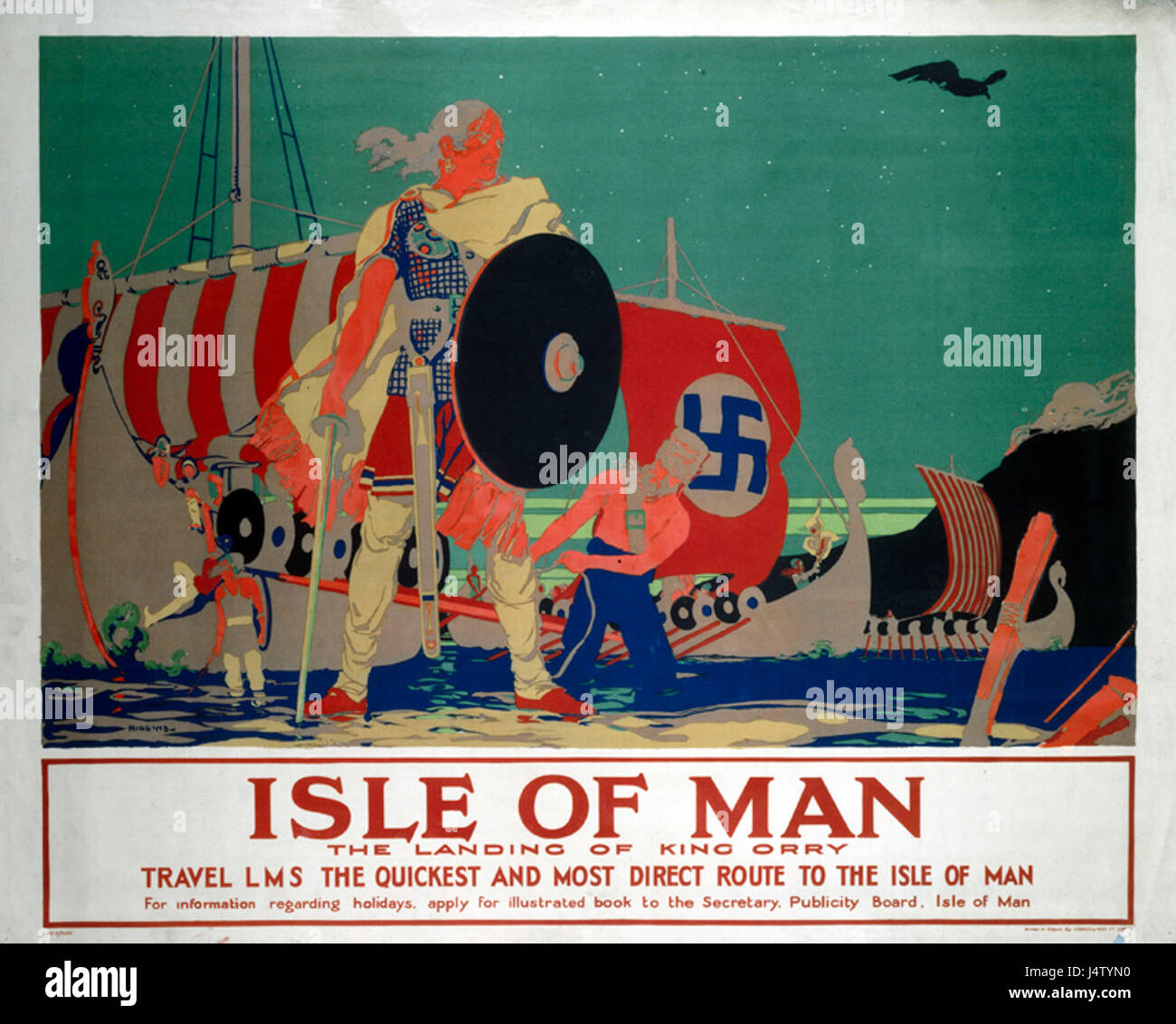 Dieses Kunstwerk zeigt die Landung von König Orry auf der Isle of man, ein wichtiger historischer und legendärer Moment für die Geschichte der Insel und veranschaulicht seine Rolle bei der Regierungsführung. Stockfoto