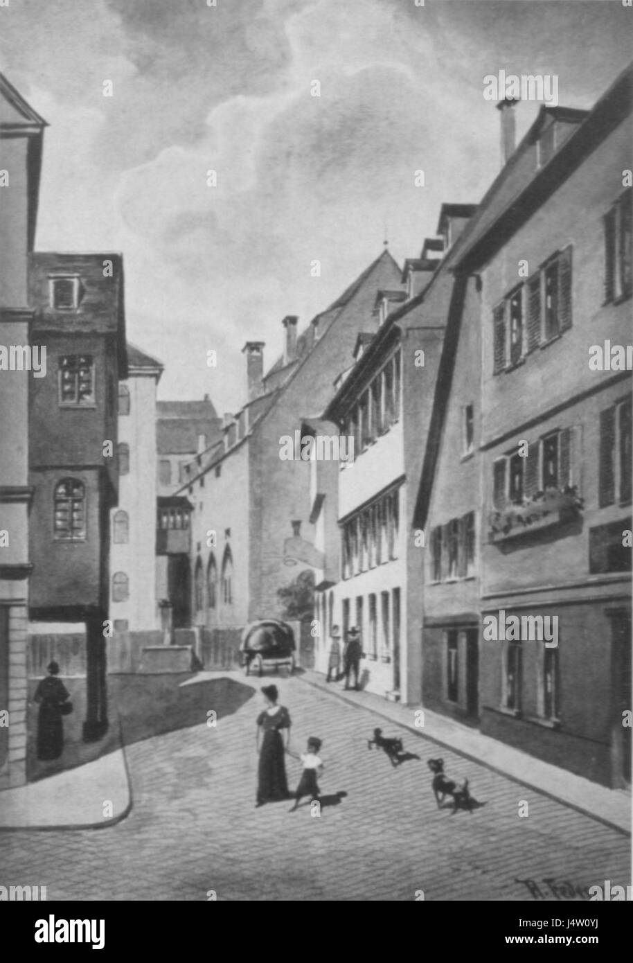 WAIS 1955.2, 053 ist eine schwarz-weiße Zeichnung, die eine Frau und zwei Hunde auf einer Kopfsteinpflasterstraße in Stuttgart darstellt, die um 1890 von August Federer erstellt wurde. Stockfoto