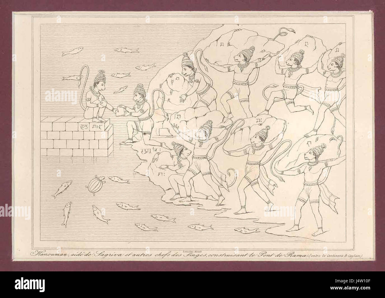 Dieser Titel bezieht sich auf eine legendäre Szene aus dem Ramayana, einem antiken indischen Epos, in dem Affen beim Bau einer Brücke helfen. Die Szene symbolisiert Loyalität, Teamwork und Hingabe angesichts von Widrigkeiten. Stockfoto