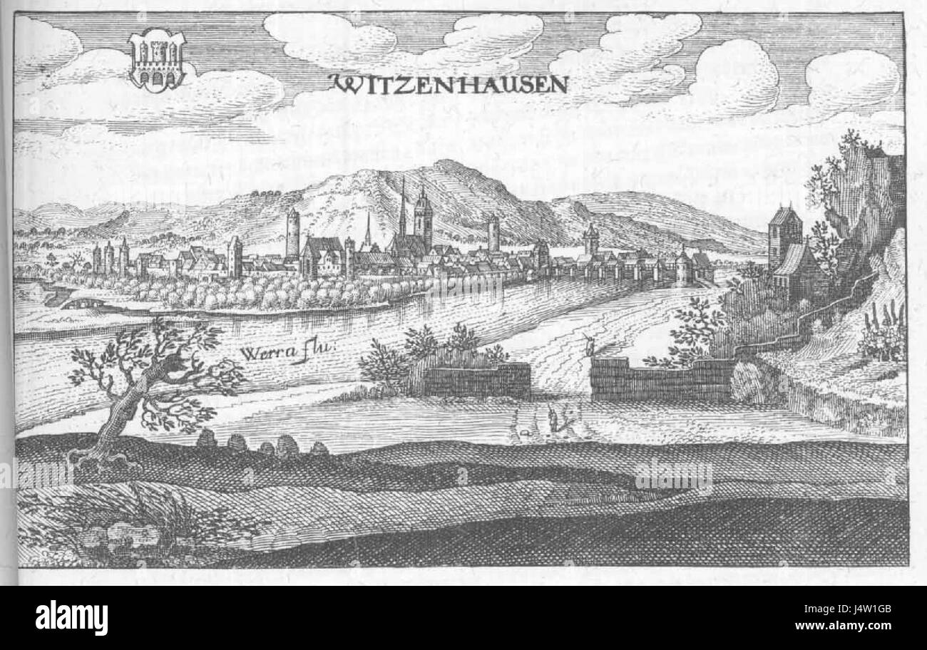 Witzenhausen, wie Matthäus Merian zeigt, zeigt die Rolle der Stadt in der Regionalgeschichte. Dieses Kunstwerk repräsentiert die Architektur der Stadt und ihren Platz in der kulturellen Landschaft der damaligen Zeit. Stockfoto