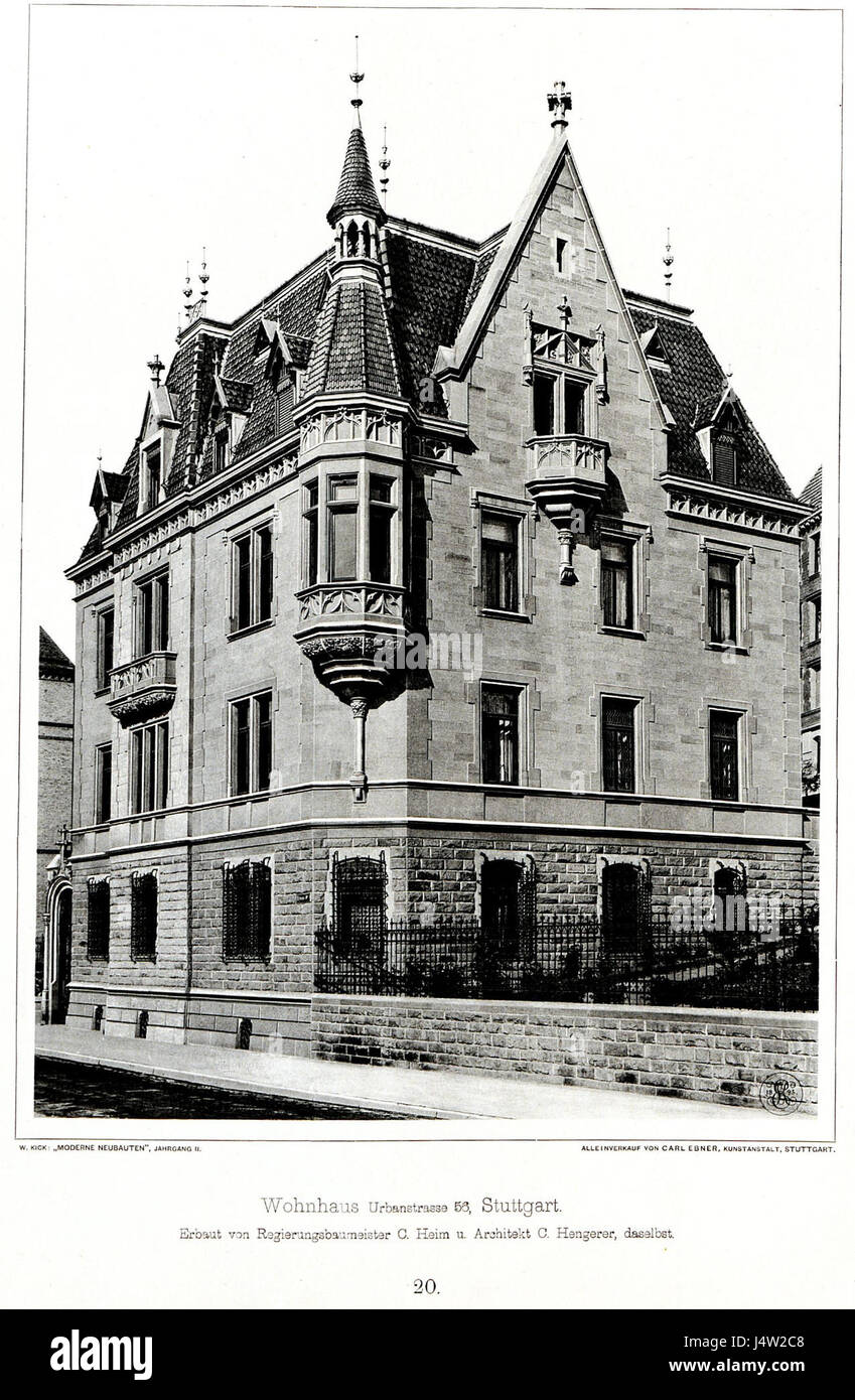 Das Wohnhaus Urbanstrasse 56 in Stuttgart wurde von der Rgbmstr C. Heim und dem Architekten C. Hengerer entworfen. Das Gebäude ist bekannt für seinen historischen und architektonischen Wert, Teil der Kick Jahrgang II-Serie. Stockfoto