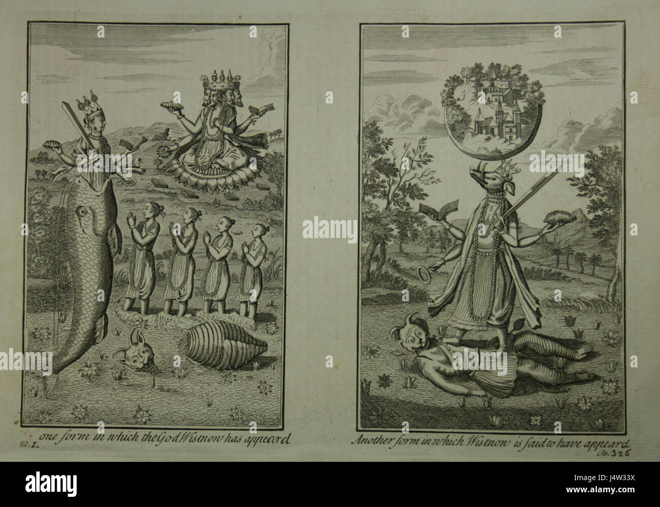 Vishnu aus der „modernen Geschichte“ von Thomas Salmon ist eine detaillierte Beschreibung der hinduistischen Gottheit Vishnu, die Einblicke in die religiöse und kulturelle Bedeutung Vishnus in verschiedenen Gesellschaften im 18. Jahrhundert gibt. Stockfoto