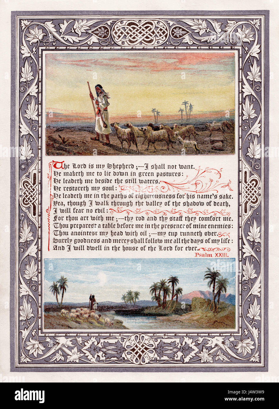 *Der Sonntag zu Hause* (1880) enthält eine Illustration von Psalm 23, einer biblischen Passage, die oft mit Trost und göttlichem Schutz verbunden ist. Das Werk reflektiert Interpretationen religiöser Themen in der Kunst des 19. Jahrhunderts. Stockfoto
