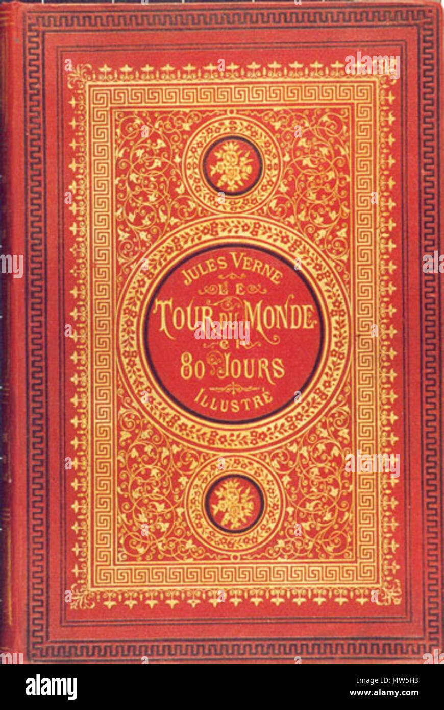 Ein Verweis auf Jules Vernes Roman „Le Tour du Monde en Quatre-vingts Jours“ („Around the World in Achtzig Tagen“), ein populärer Abenteuerroman, der die Reise von Phileas Fogg verfolgt, während er gegen die Zeit rennt, um die Welt zu bereisen. Stockfoto