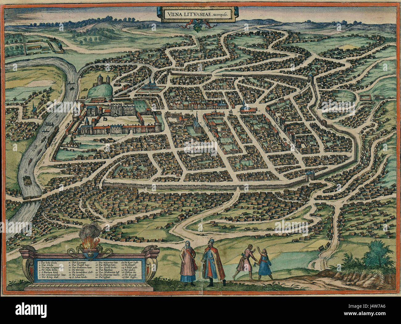 Vilnius war 1576 eine Stadt von bedeutender historischer Bedeutung im Großherzogtum Litauen. Die Stadt war während dieser Zeit ein politisches, kulturelles und wirtschaftliches Zentrum mit einer reichen Geschichte religiöser und architektonischer Entwicklung. Stockfoto