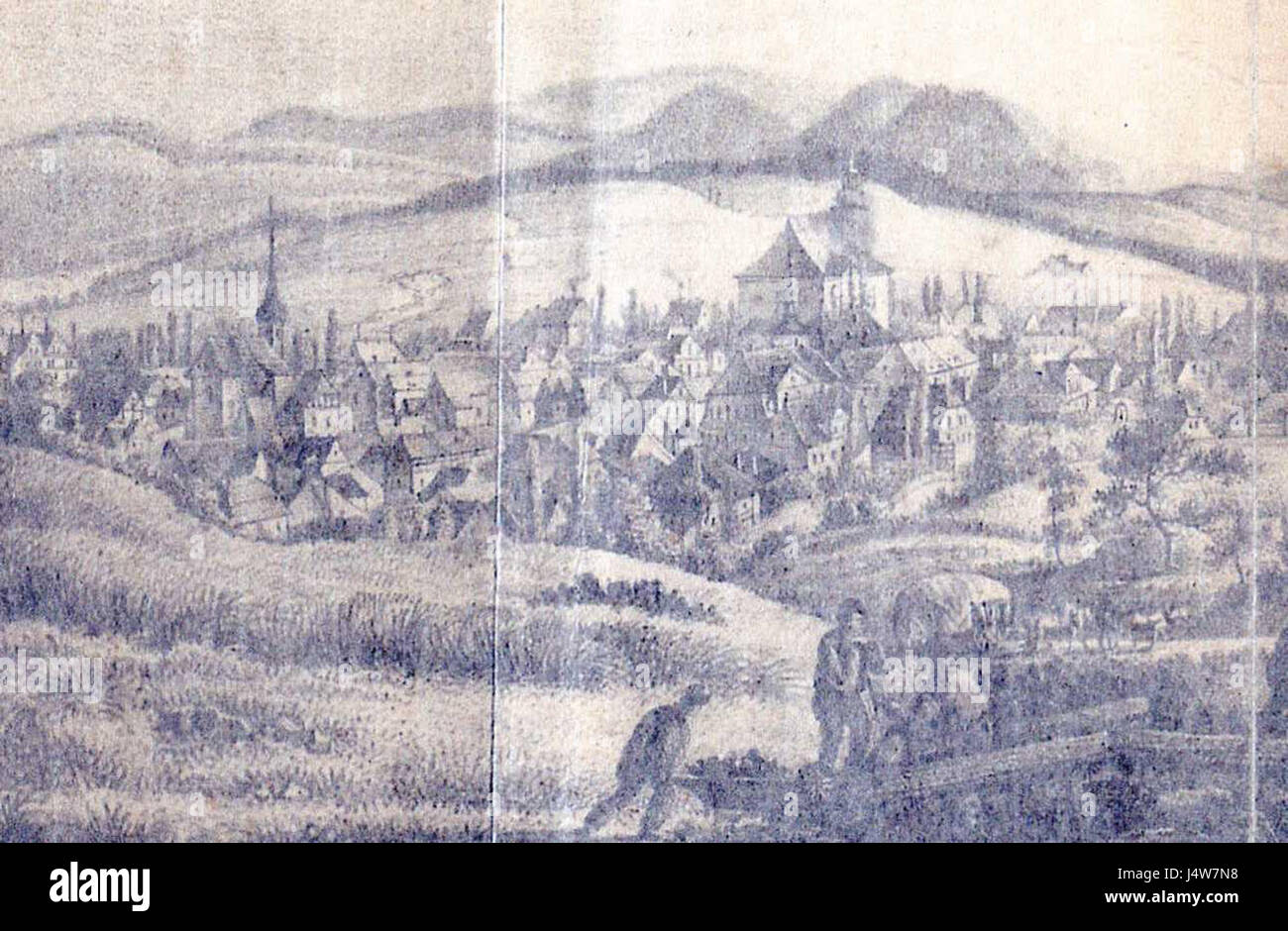 *Waldenburg im ersten Viertel des 19. JH* bezieht sich auf Waldenburg, eine Stadt in Deutschland zu Beginn des 19. Jahrhunderts. Die Zeit unterstreicht die historische Bedeutung und den kulturellen Kontext der Stadt in den 1800er Jahren Stockfoto