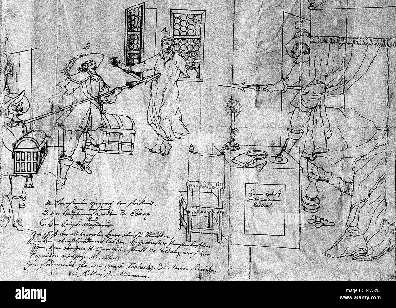 Es handelt sich um eine anonyme Tuschezeichnung, die die Ermordung Wallensteins darstellt, ein historisches Ereignis, das den Tod des Generals während des Dreißigjährigen Krieges beinhaltete. Stockfoto