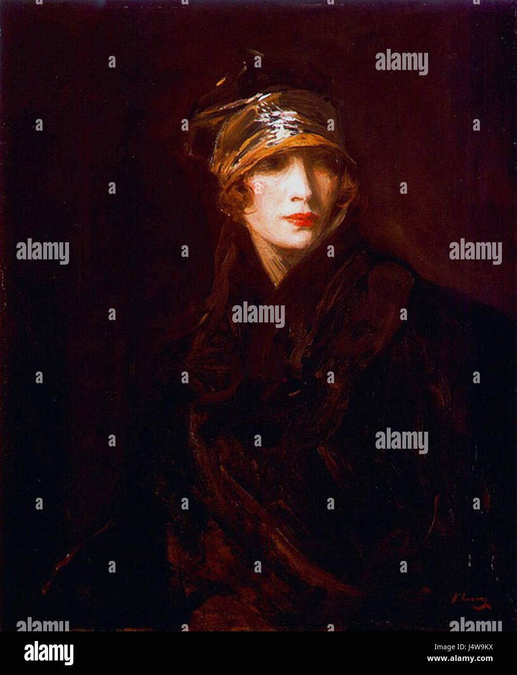 Dieses Kunstwerk mit dem Titel „Frau mit goldenem Turban“ zeigt eine weibliche Figur, die einen raffinierten goldenen Turban trägt. Das Bild weist auf einen kulturellen oder historischen Kontext hin und verweist wahrscheinlich auf künstlerische Darstellungen von Frauen in aufwendiger Kleidung. Stockfoto