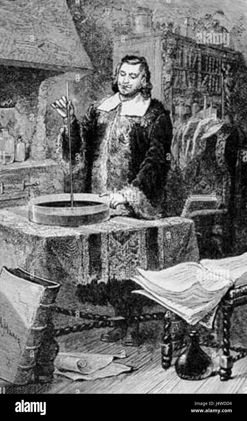 Evangelista Torricelli, ein italienischer Physiker und Mathematiker, bekannt für seine Arbeiten in der Strömungsdynamik und die Erfindung des Barometers, das die wissenschaftliche Entwicklung maßgeblich beeinflusste. Stockfoto