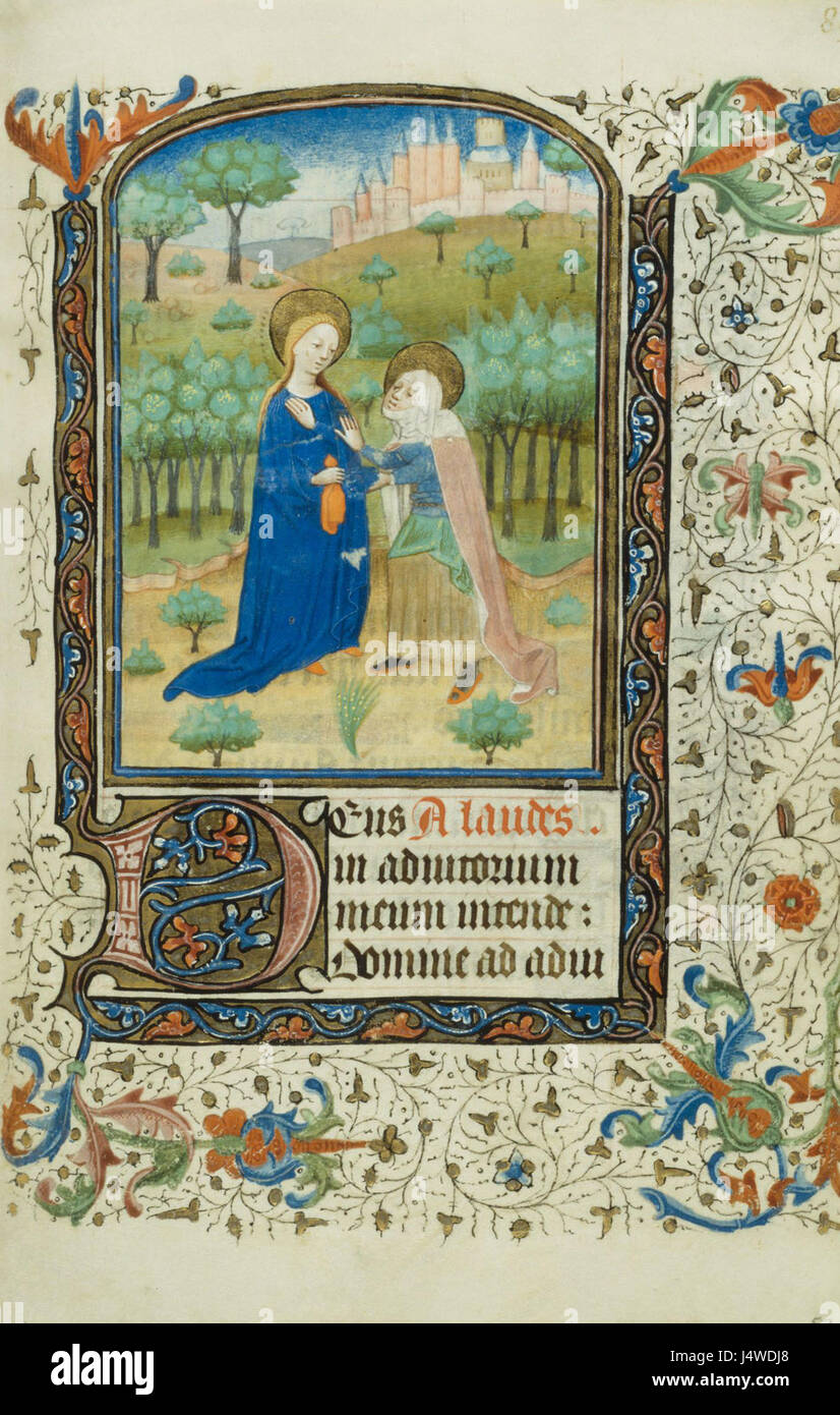 Die Visitation, ein Bild aus einem Stundenbuch von 1440 bis 1445, zeigt die biblische Szene der Jungfrau Maria, die ihre Cousine Elisabeth besucht. Dieses Manuskript ist ein Paradebeispiel mittelalterlicher christlicher Kunst. Stockfoto