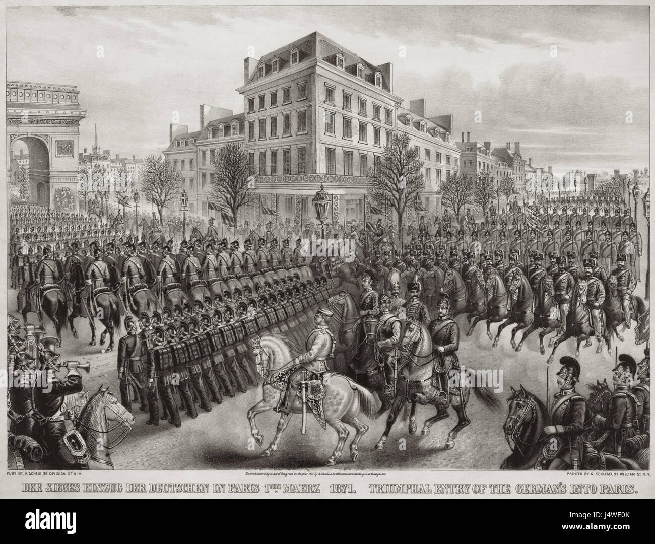 Darstellung des triumphalen Einmarsches der deutschen Armee nach Paris während des Deutsch-Französischen Krieges, der einen bedeutenden Moment in der europäischen Geschichte des 19. Jahrhunderts darstellt. Stockfoto