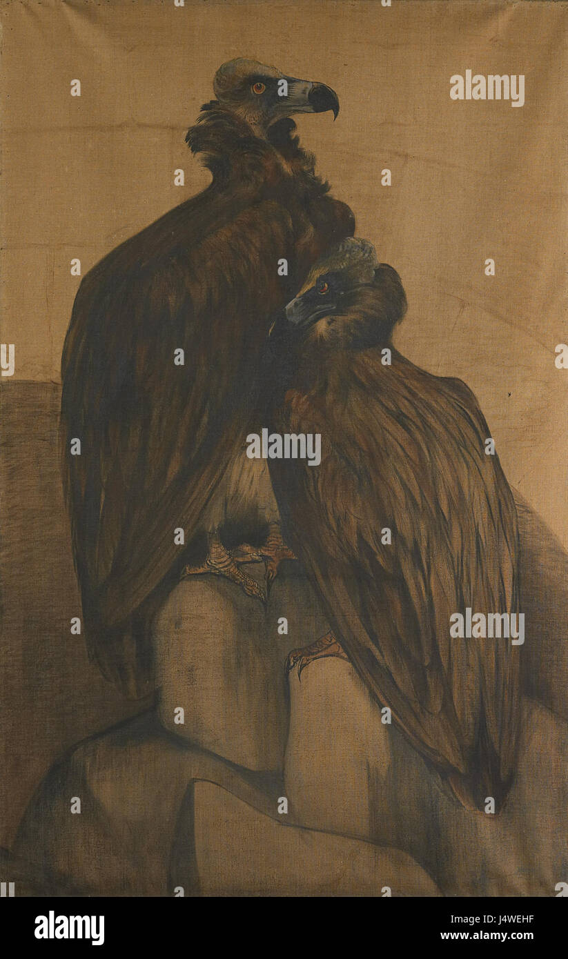„Twee monniksgieren“ ist ein Gemälde im Rijksmuseum, das zwei Mönchsgeier zeigt, ein wichtiges Stück in der Sammlung von Vogeldarstellungen aus dem 18. Jahrhundert. Stockfoto
