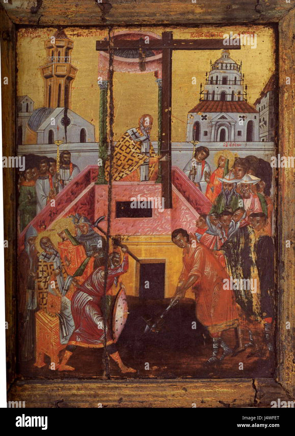 „Vozdvizhenie kresta“ bezieht sich auf ein religiöses Ereignis, das im 17. Jahrhundert im Pantokrator-Kloster auf dem Berg Athos gefeiert wurde. Es markiert die Verkündigung des Heiligen Kreuzes in der Ostorthodoxen Kirche. Stockfoto