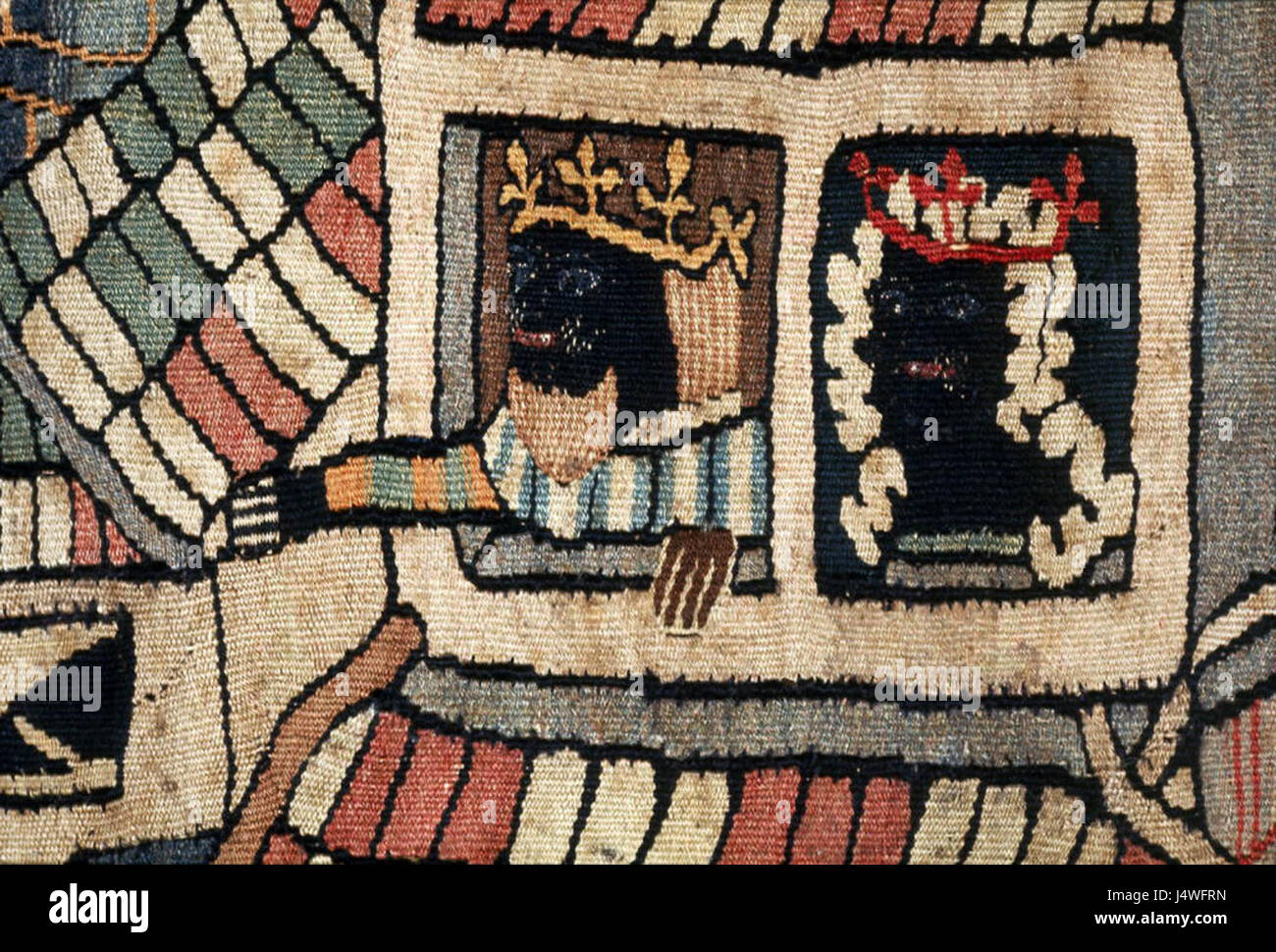 „Wild Men and Moors“ ist eine Serie von Kunstwerken, die wilde Männer und Figuren aus maurischen Kulturen darstellen. Dieses Detail fängt die einzigartige Darstellung dieser Figuren in der historischen Kunst ein und zeigt ihre Darstellung in der europäischen Kultur. Stockfoto
