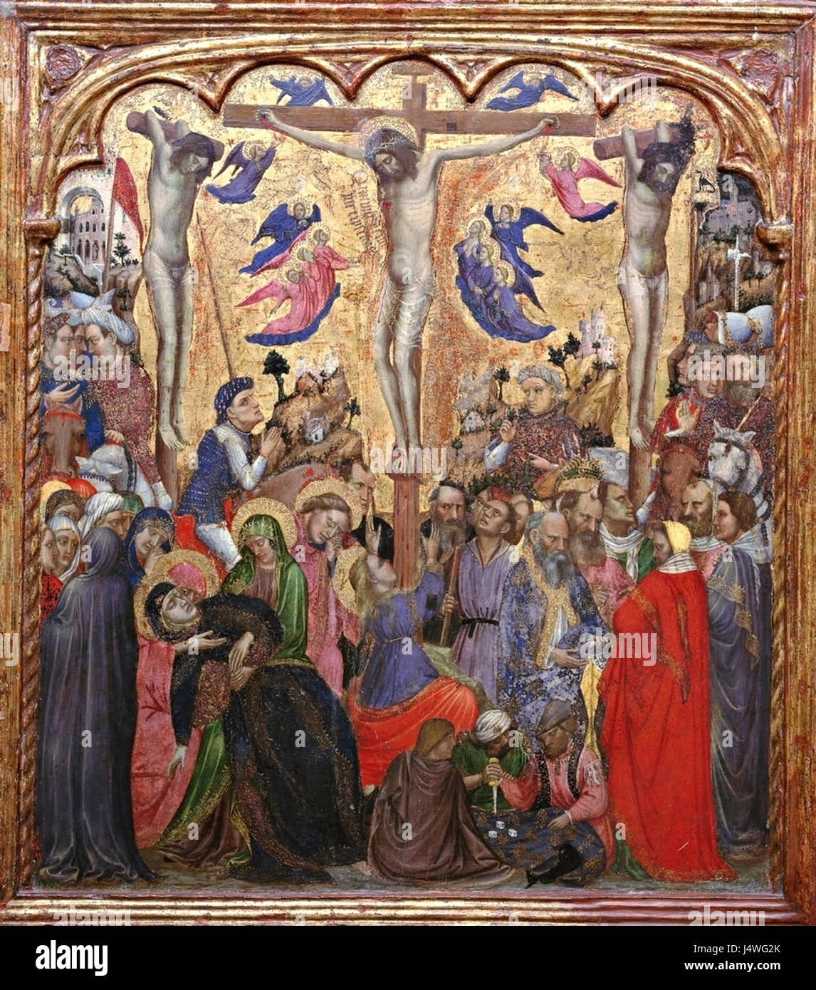 „Crocifissione“, ein Gemälde von Zanino di Pietro aus der Zeit um 1410, zeigt die Kreuzigung Christi. Das Kunstwerk, das im Museo Civico von Rieti untergebracht ist, zeigt Techniken der frühen Renaissance und religiöse Kunst aus Italien. Stockfoto