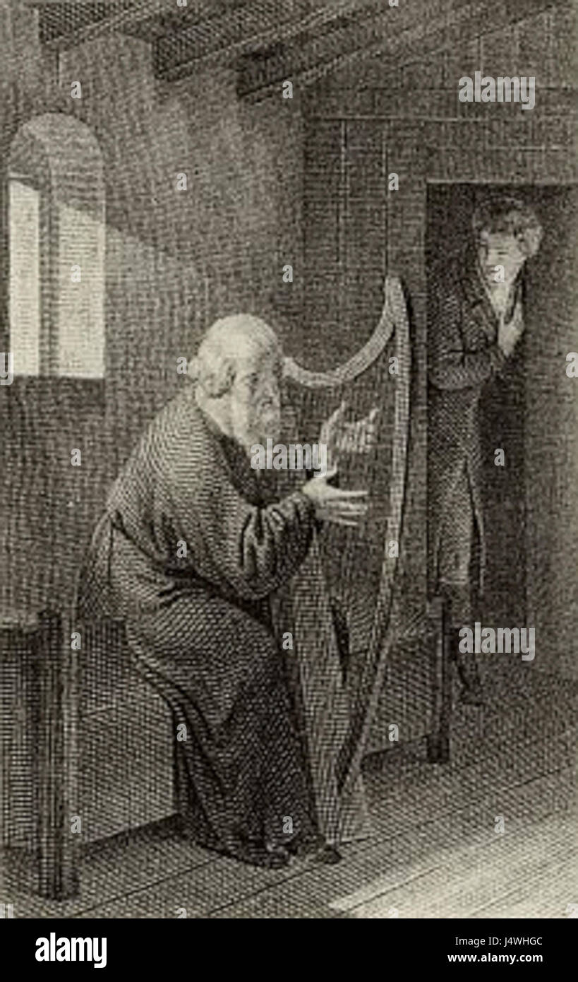 Dieses Bild stellt eine Szene oder Darstellung aus dem Roman Wilhelm Meister von Johann Wolfgang von Goethe dar. Die Arbeit konzentriert sich auf die Entwicklung von Wilhelm, einem jungen Mann, der sich um persönliches Wachstum und Sinn im Leben bemüht. Der Titel, der oft mit dem Thema „Coming of Age“ assoziiert wurde, war in der deutschen Literatur prägend. Stockfoto