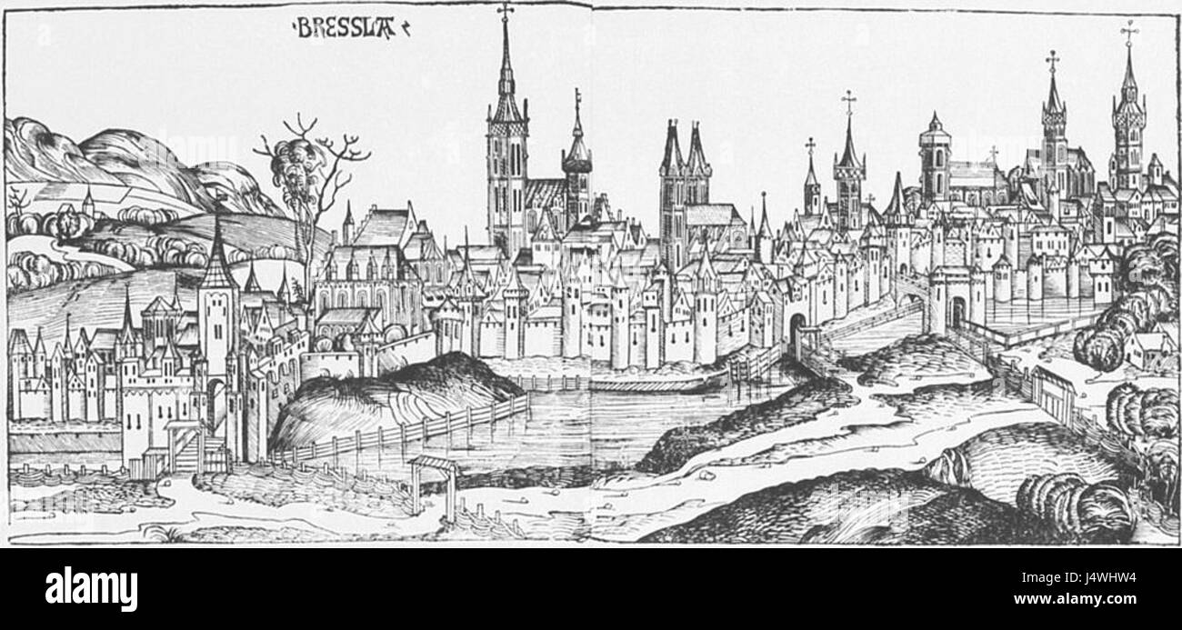 Ein Hinweis auf Breslau, eine Stadt in Polen, und die Familie Schedel, die möglicherweise zu historischen Aufzeichnungen oder Kartographien beigetragen haben. Breslau ist bekannt für seine reiche kulturelle und historische Bedeutung in Mitteleuropa. Stockfoto