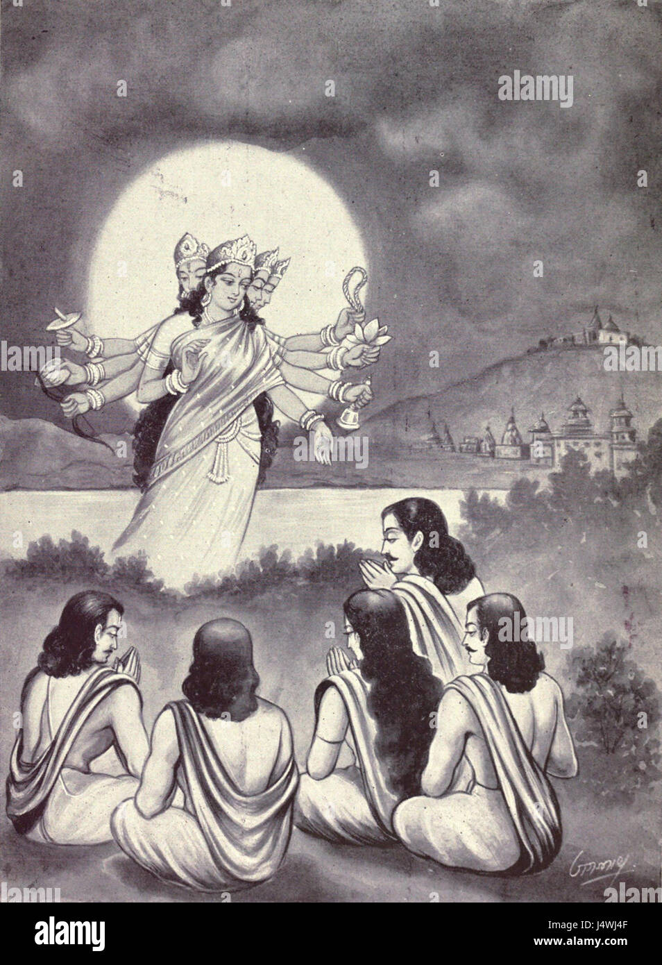 Yudhishtira betet zu Devi Stockfoto