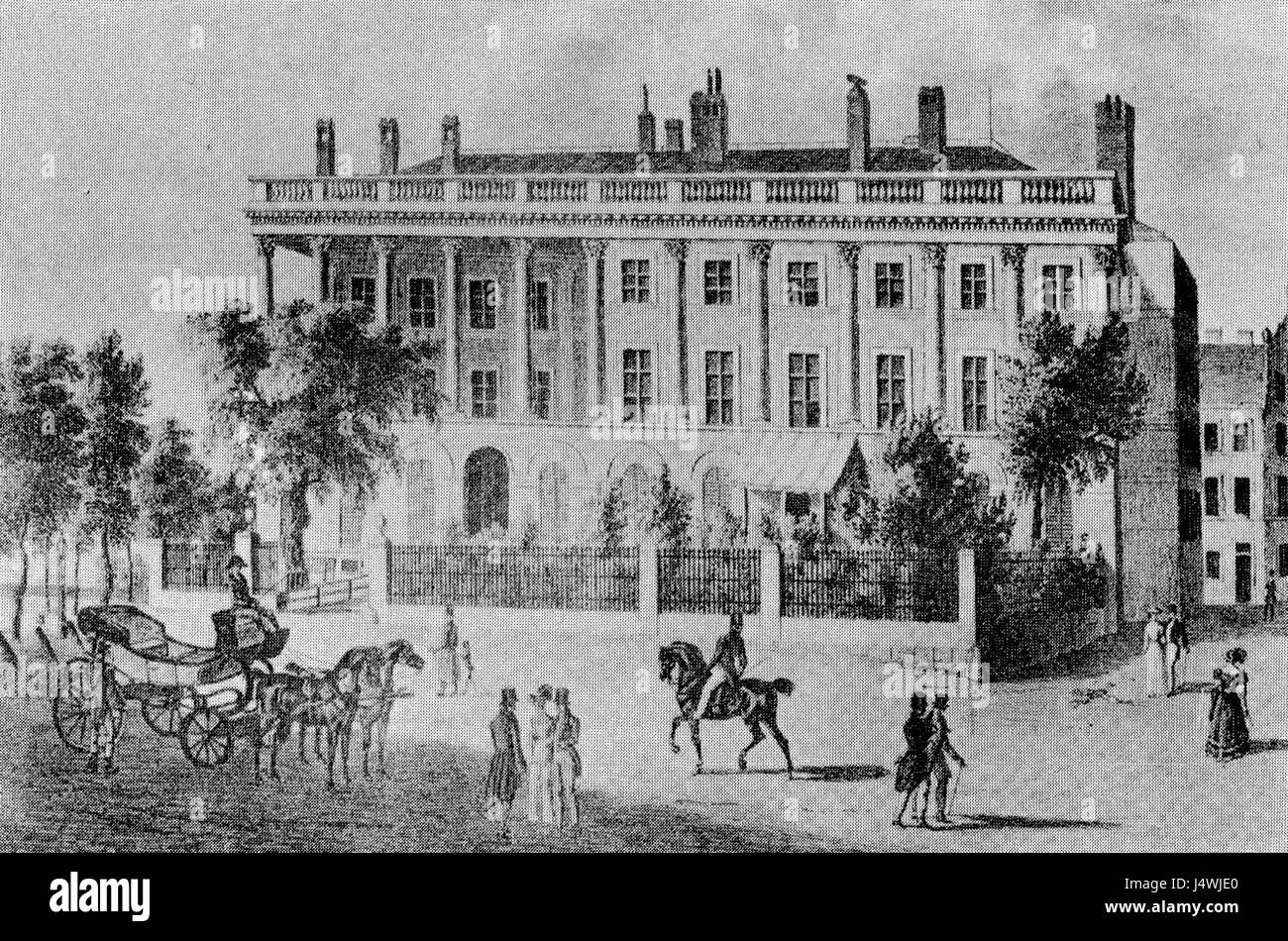 Eine Fotografie oder Illustration des Palais Lubomirski in Wien, datiert um 1840. Das Bild fängt die Pracht und architektonische Schönheit dieses historischen Palastes ein. Stockfoto