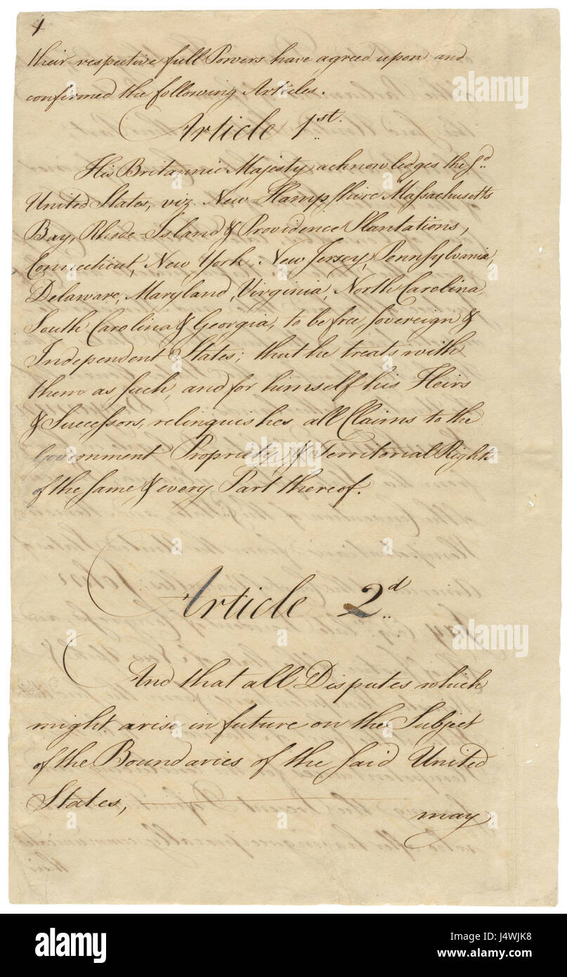 Dieses Bild zeigt Seite 04 des Pariser Vertrags, ein wichtiges historisches Dokument, das den Amerikanischen Unabhängigkeitskrieg beendete. Der vertrag formalisierte die Anerkennung der Unabhängigkeit der Vereinigten Staaten. Stockfoto