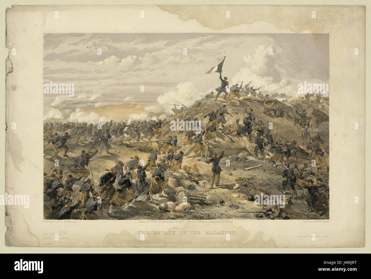 William Simpsonâ' Angriff auf den Malakoff ist eine bemerkenswerte Darstellung der Belagerung von Sewastopol auf der Krim Warâ, die insbesondere den Angriff auf den Malakoff-Umkreis hervorhebt. Das Kunstwerk fängt die Spannung und das Chaos der Schlacht ein. Stockfoto William Simpsonâ' Angriff auf den Malakoff ist eine bemerkenswerte Darstellung der Belagerung von Sewastopol auf der Krim Warâ, die insbesondere den Angriff auf den Malakoff-Umkreis hervorhebt. Das Kunstwerk fängt die Spannung und das Chaos der Schlacht ein. Stockfoto
