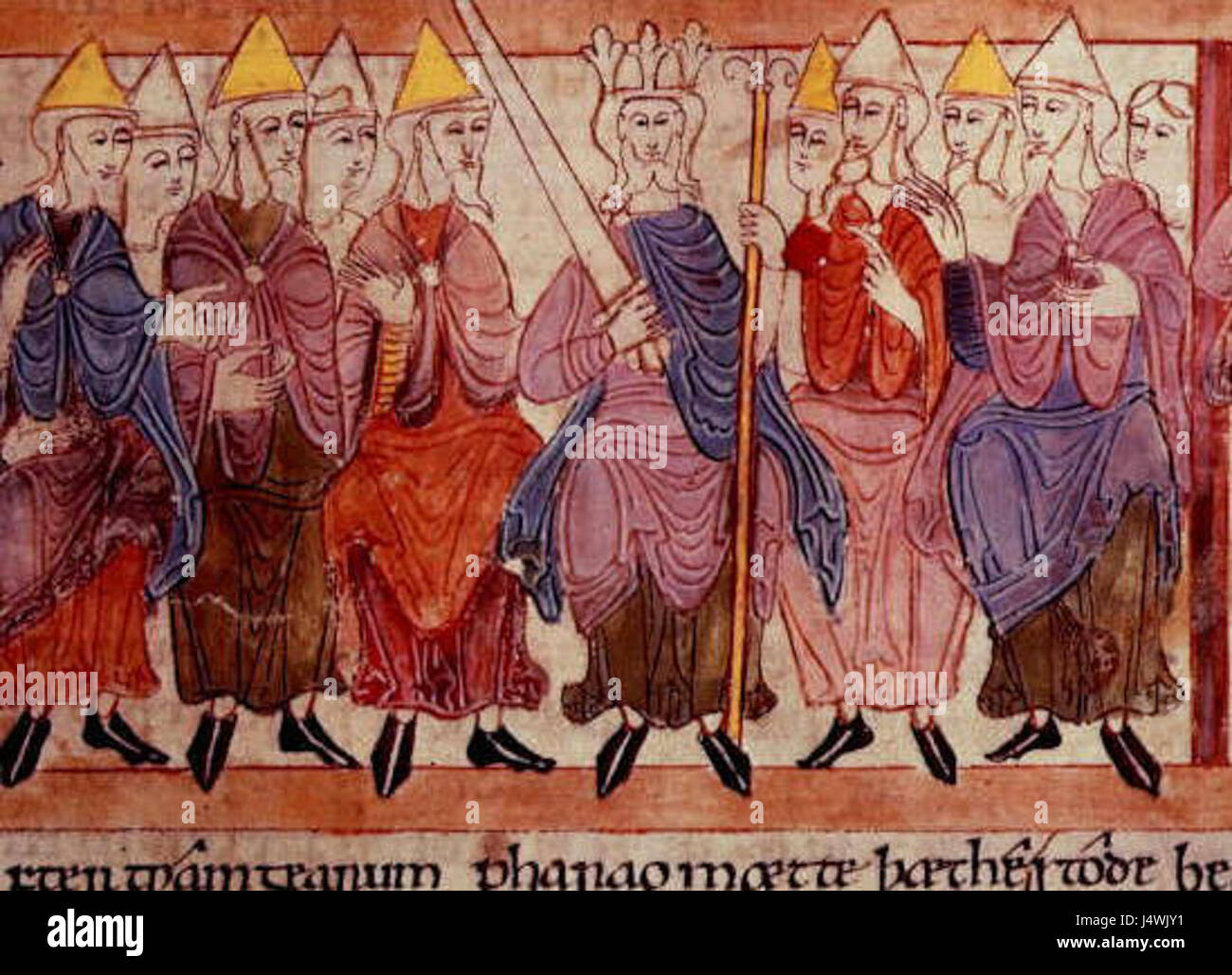 Der Witan Hexateuch ist eine alte Handschrift, die die ersten sechs Bücher der Bibel enthält, die in altenglischer Sprache geschrieben wurden. Dieses wichtige historische Artefakt bietet Einblick in die religiöse und sprachliche Geschichte des frühmittelalterlichen Englands und seiner christlichen Texte. Stockfoto