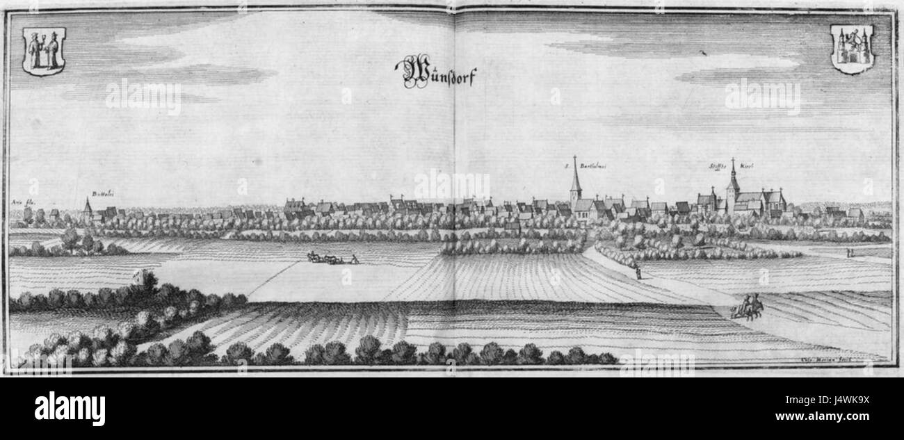 Wunsdorff, wie Merian zeigt, ist ein Ort, der für seine Bedeutung in der deutschen Kartographie des frühen 17. Jahrhunderts sowie für seine historische und kulturelle Bedeutung in der Region bekannt ist. Stockfoto