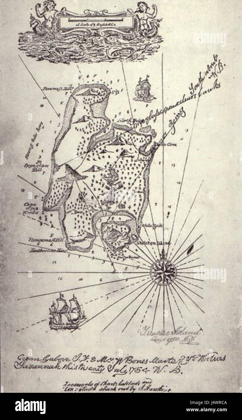 Die Treasure Island Karte ist eine berühmte Illustration aus dem Roman „Treasure Island“ von Robert Louis Stevenson. Es ist ein Schlüsselelement in der Geschichte und beschreibt die fiktive Insel, auf der Schätze begraben sind. Die Karte wurde zu einem ikonischen Symbol in der Abenteuerliteratur und wurde in verschiedenen Ausgaben des Romans reproduziert und diente oft als zentrales Spielgerät für Piratenabenteuer. Stockfoto