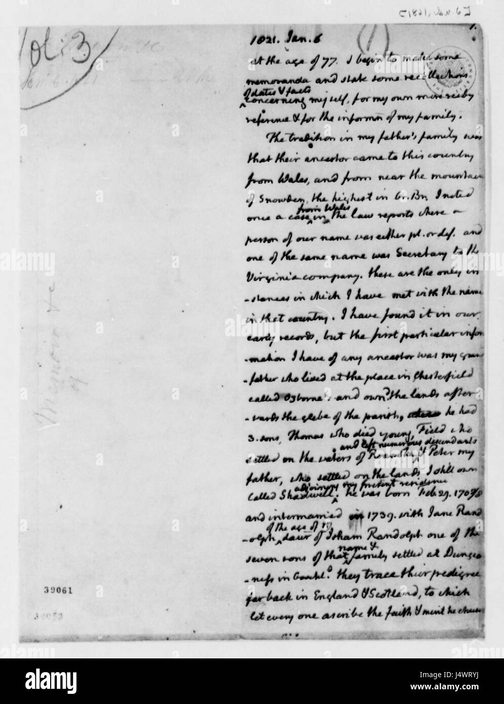 Die Notizen zu Thomas Jeffersons Familienvorfahren geben einen detaillierten Überblick über seine Abstammung und werfen Licht auf seine Abstammung und ihren Einfluss auf sein Leben und seine politische Karriere. Stockfoto