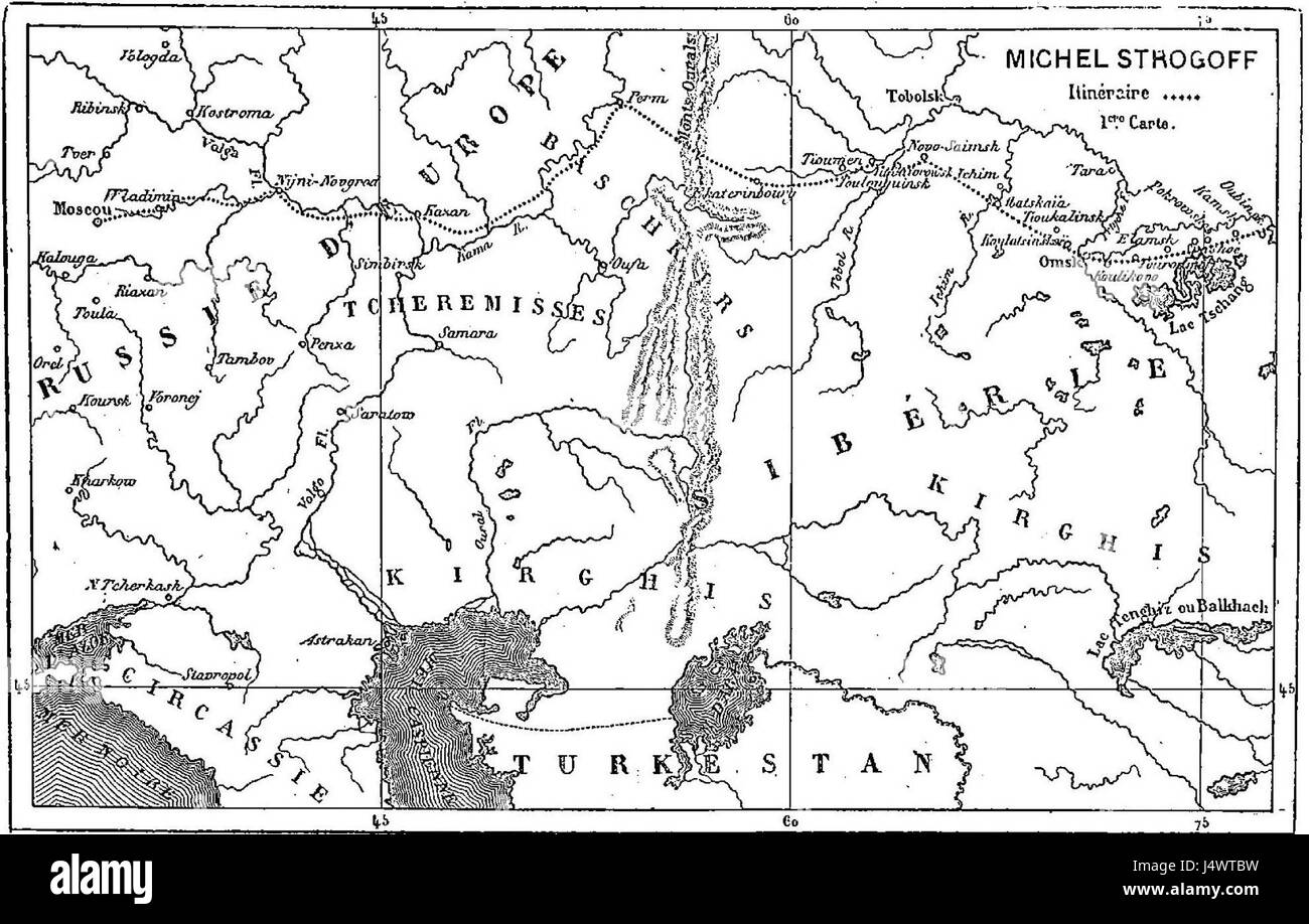 Michel Strogoff, ein Roman von Jules Verne, erzählt die Geschichte eines Kuriers, der in einer Zeit des Konflikts durch Russland reist. Seite 73 des Romans kann einen wichtigen Moment oder ein Ereignis in der Geschichte hervorheben und den dramatischen Stil von Verneâ und die Erforschung von Abenteuer und Konflikten repräsentieren. Stockfoto