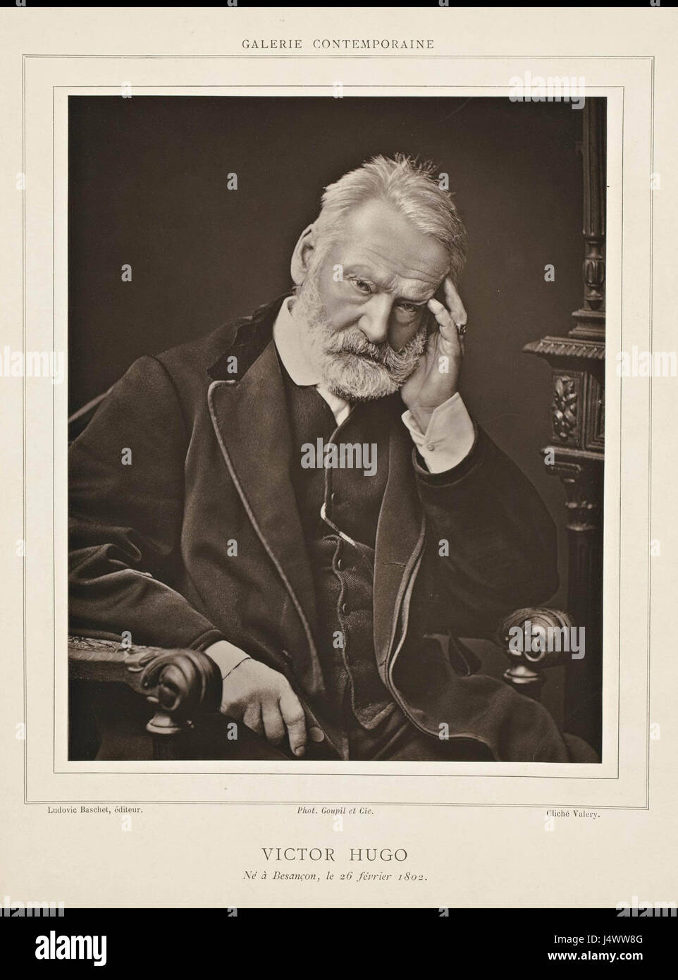 Dieses Porträt von Victor Hugo, das Walery um 1875 schuf, fängt den berühmten französischen Schriftsteller und Dichter in seinen späteren Jahren ein. Hugo war eine Schlüsselfigur in der französischen Literatur, bekannt für Werke wie Les MisÃ©rables und der Glöckner von Notre-Dame. Stockfoto